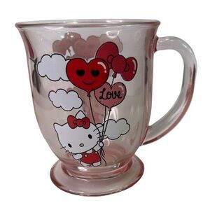 Hello Kitty By Sanrio 15oz Pink Glass Mug Kitty Floating With Heart Balloons
